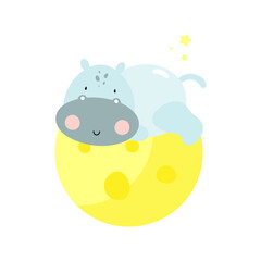 Cute Hippopotamus on the moon. Cartoon style. Vector illustration in white background. For kids stuff, card, posters, banners, children books and print for clothes, t shirts.