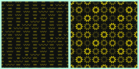 Set of vector seamless patterns. Geometric shapes and various horizontal lines in golden color on a black isolated background. 