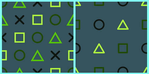 Set of vector seamless patterns. Geometric shapes triangles, squares, circles and crosses in pastel green colors on an isolated background. 