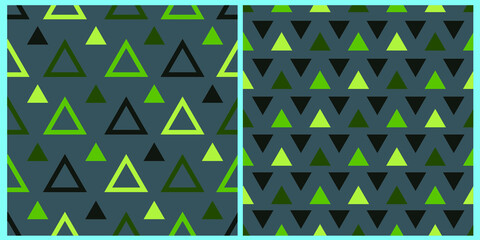 Set of vector seamless patterns. Geometric shapes triangles in pastel green colors on an isolated background. 