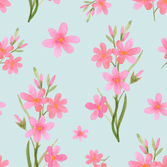 Watercolor floral background. Watercolor seamless pattern with pink wildflowers. A branch of flowers on blue background.