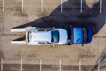 Car Service Transportation Concept. Tow Truck Transporting Car On Motorway Freeway Highway. Help On...