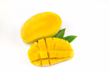 Mango fruit with mango cubes and slices. Isolated on a white background. This can be used as a business card background and can be used as an advertising image.