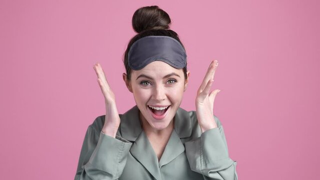 Lady impressed unbelievable linen bargain news isolated pastel color background