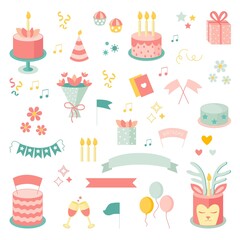 Birthday elements set. Icons. Balloons, present, cake, candle, gift box, cupcake. Party flat design elements. Isolated vector illustration