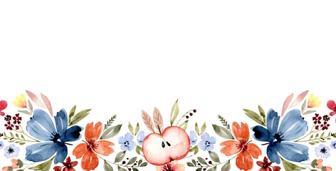 Watercolor pattern of multicolored flowers and an apple on a white background. hand painted for design and invitations.