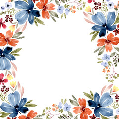 Watercolor frame of colorful flowers on a white background. hand painted for design and invitations.