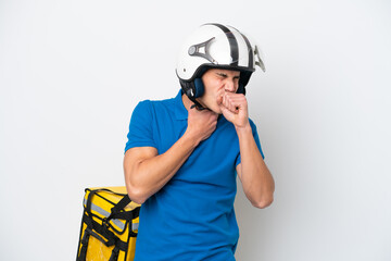 Young caucasian man with thermal backpack isolated on white background is suffering with cough and feeling bad