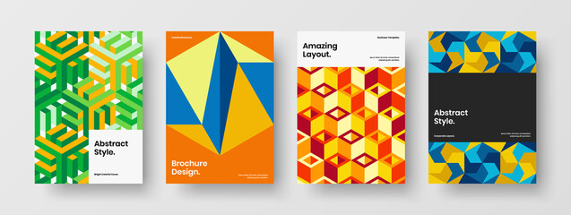 Fototapeta premium Vivid geometric pattern book cover template bundle. Bright poster design vector layout composition.