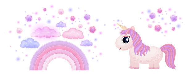 Cartoon unicorn. Fantasy animal icon. Cute pink little magical unicorn. Children cartoon fantasy horse.  Adorable pony, magical stars, pink clouds.  Cute unicorn with rainbow. Fairytale. Wonderland.