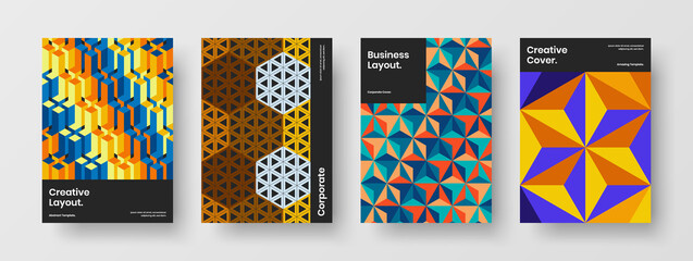 Simple mosaic pattern leaflet concept collection. Multicolored company cover A4 design vector layout composition.