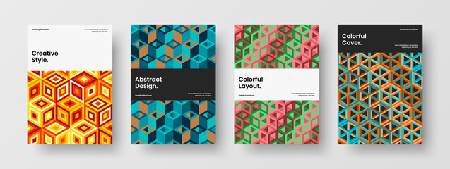 Colorful geometric pattern annual report illustration collection. Isolated company cover vector design template set.