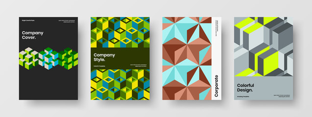 Fototapeta premium Vivid mosaic hexagons company identity layout composition. Original catalog cover A4 vector design concept bundle.