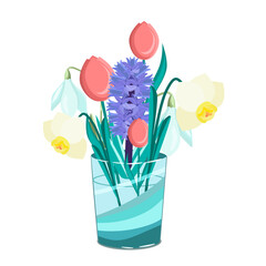 Delicate, spring bouquet of flowers tulip,hyacinth,snowdrop,narcissus in a vase,isolated on a white background.Vector illustration.
