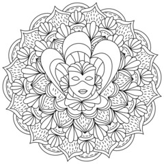 Mardi Gras mandala coloring page for holiday creativity, masquerade mask with high collar and ornate patterns