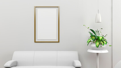 Vertical frame mockup in living room interior with indoor plants on empty white wall background. 3D rendering. 3D illustration.