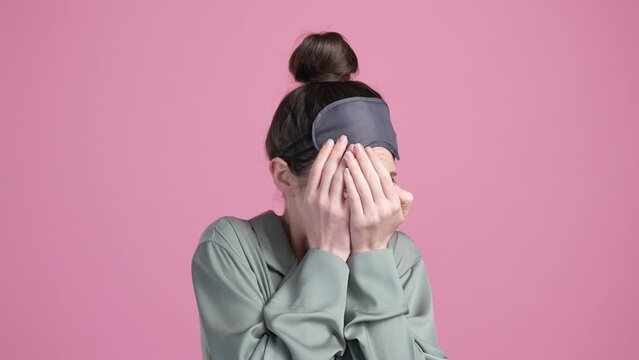 Lady cover hands face scary nightmare story isolated pastel color background