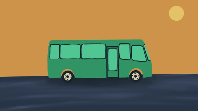 animation, green bus rides through the desert
