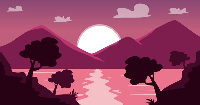 animated beautiful scenery of mountains, rivers and trees