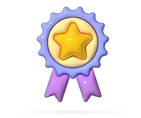 Winner medal with ribbon in 3d cartoon style. Award rosette badge render. Soft pop vector design element