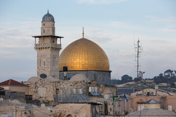 Dome on the rock and El-Ghawanima minaret in Jerusalem