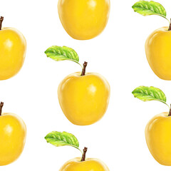 Illustration realism seamless pattern fruit apple yellow color on a white isolated background. High quality illustration