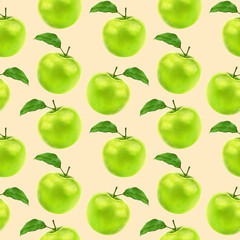 Illustration realism seamless pattern fruit apple green color on beige brown background. High quality illustration