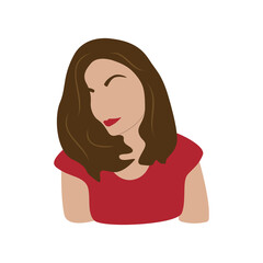 Beautiful brunette girl in a red t-shirt. No eyes. Colorful vector isolated illustration hand drawn. Young stylish woman