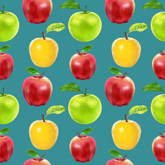 Illustration realism seamless pattern fruit apple of different colors on a blue background. High quality illustration