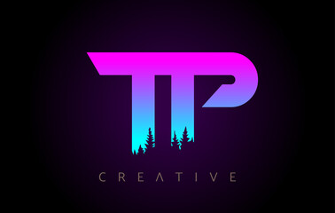 TP Letters Logo Design with Purple Blue Colors and Pine Forest Trees Concept Vector Icon