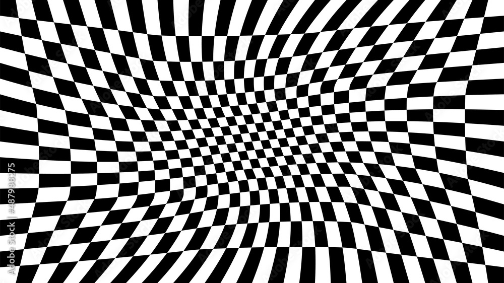 Poster vector optical illusion with black and white squares. abstract curve wave background.