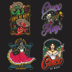 Mexican entertainment colorful labels set