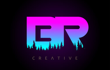 BR Letters Logo Design with Purple Blue Colors and Pine Forest Trees Concept Vector Icon