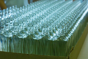 Empty glass bottles on the conveyor. Factory for bottling alcoholic beverages. Production and bottling of alcoholic beverages. - 487988465