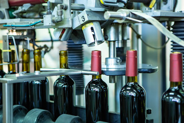 Unlabeled glass bottles in bottling machine at modern winery - 487988487