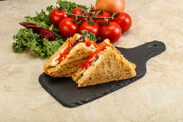 Club sandwich with eggplant and cheese