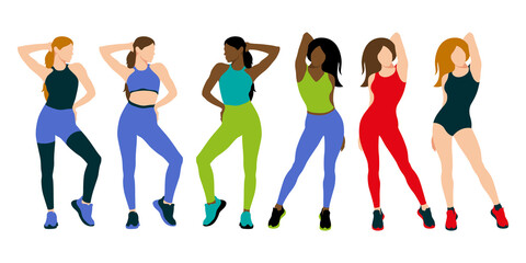 Fitness girls. Girls model posing in sportswear. Flat design. Vector illustration on white background