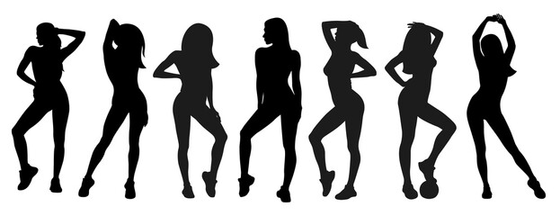 Fitness girls posing. Sport girls. Black Silhouette. Isolated vector illustration on white background