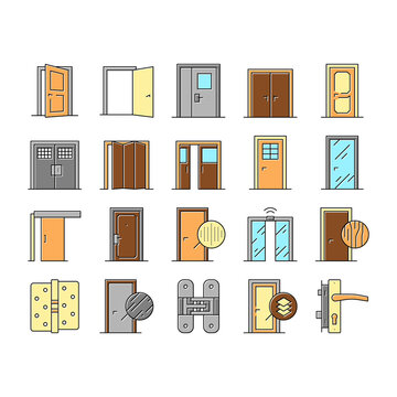 Interior Doors Types Collection Icons Set Vector .