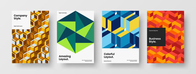 Fresh mosaic shapes brochure concept bundle. Vivid journal cover A4 design vector template collection.