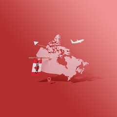 3D render of Canada map with tour instrument. Vacation and holidays background 
