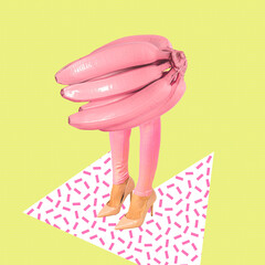 Contemporary digital collage art. Creative Pink elegant banana Lady. Vegan funny concept. Zine design