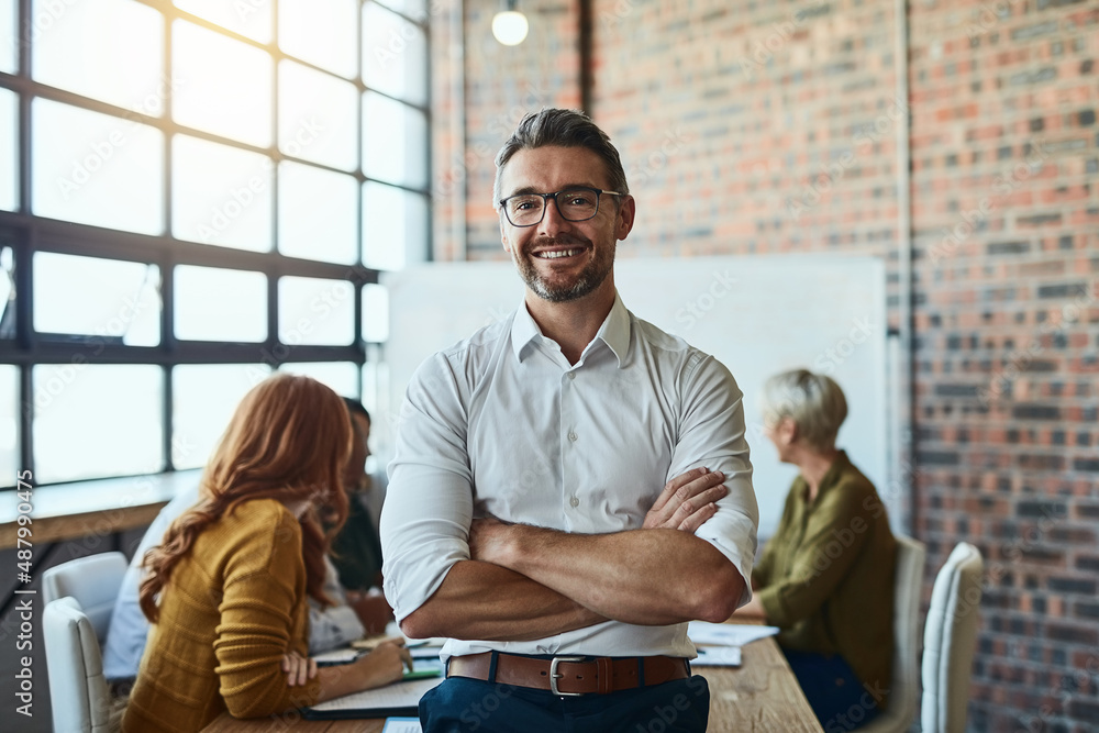 Aufkleber our business is built on confidence. cropped shot of a businessman standing in the office with his a