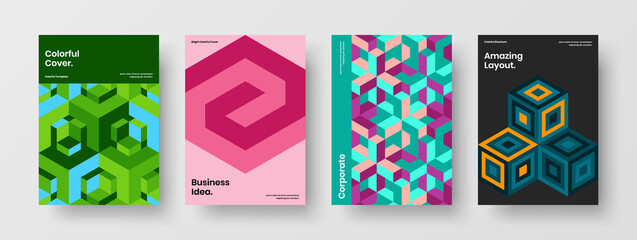 Multicolored flyer design vector concept bundle. Premium mosaic pattern company brochure layout collection.