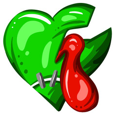Green Dead Zombie Heart Cartoon Illustration with Blood and for Valentines Day or Halloween