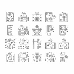 Data Recovery Computer Processing Icons Set Vector .