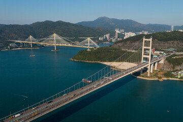 Top view of Tsing Ma bridge in Hong Kong