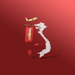 Map of Vietnam with flag and travel concept on a red background. Social media post - 3d rendering.