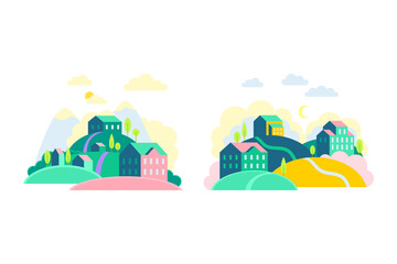 Set of summer countryside landscapes with mountains, hills and houses at day and night time vector illustration