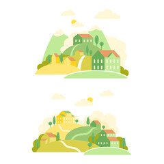 Fototapeta na wymiar Small town at summer or spring season set. Countryside landscape with green hills, mountains and houses vector illustration
